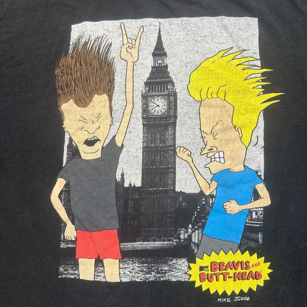 Vtg Beavis and Butt-Head Mens 2XL MTV Black t-Shirt London Big Ben Faded